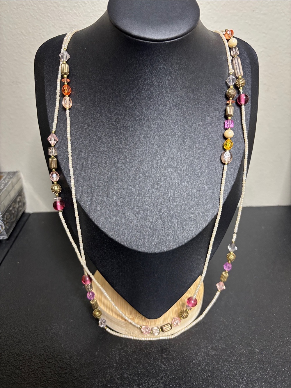 Cream Multicolor Beaded Layered Long Necklace Glass Acrylic Boho Beach